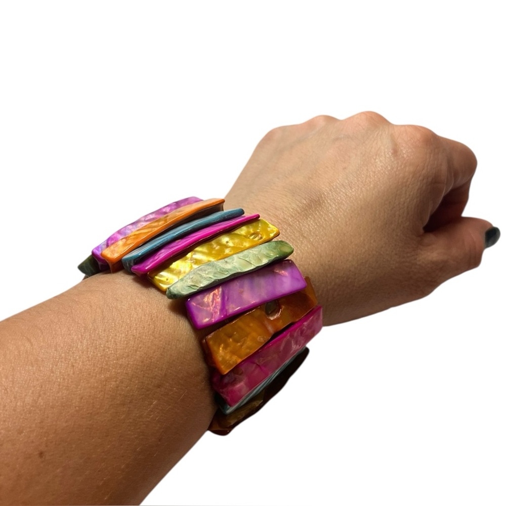 Womens Statement Bracelet Pink Elastic Shelll Tropical Jewelry Yellow